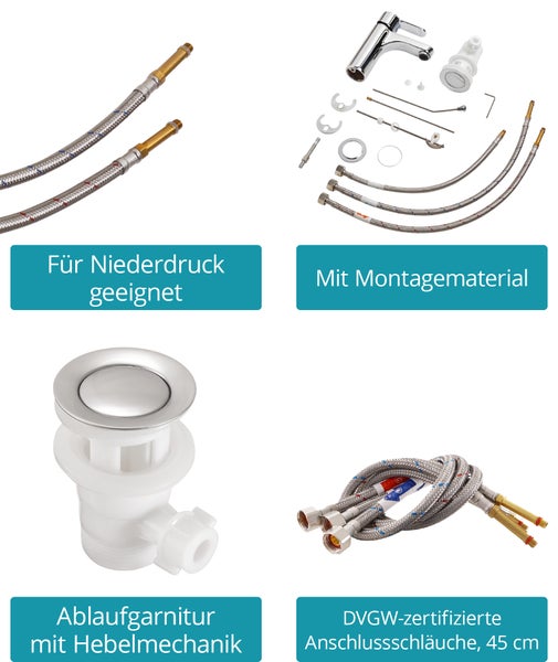 Calmwaters® Niederdruck Waschtischarmatur verchromt, inklusive Excentergarnitur, langlebige Keramikkartusche, für Anschluss an Boiler oder Warmwasserbereiter, 14PZ6184