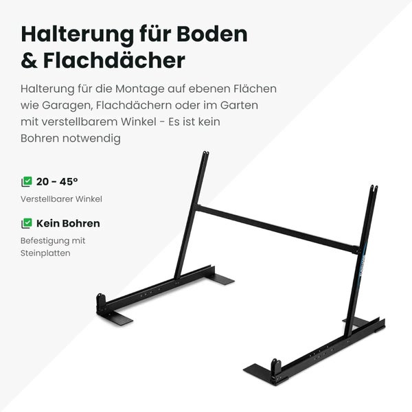 Schwarze Metallhalterung für Photovoltaik-Module auf Flachdach oder Boden, verstellbarer Winkel von 20 bis 45 Grad ohne Bohren, Sunshare Logo.