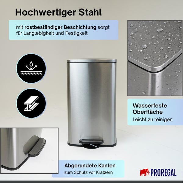 Pedal-Abfalleimer aus rostbeständigem Stahl, wasserfeste Oberfläche, pflegeleicht, abgerundete Kanten gegen Kratzer. Proregal Logo.