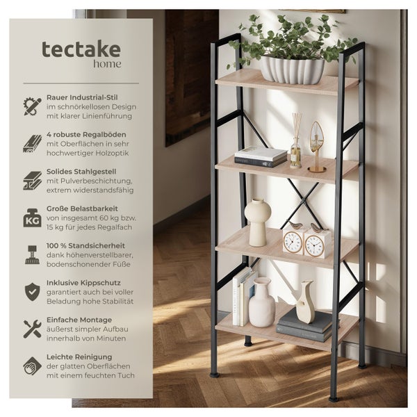 Leiterregal tectake Newcastle inklusive Kippschutz, 57,5 x 35,5 x 139 cm Industrial Style Industrial Holz hell, Eiche Sonoma