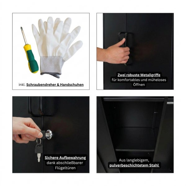 Details eines Metallschranks: Inklusive Schraubendreher und Handschuhen, zwei Metallgriffe, abschließbare Flügeltüren, aus pulverbeschichtetem Stahl.
