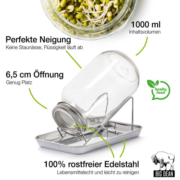 Sprossenglas mit Edelstahlsieb, 1000 ml Fassungsvermögen und Abtropfgestell
