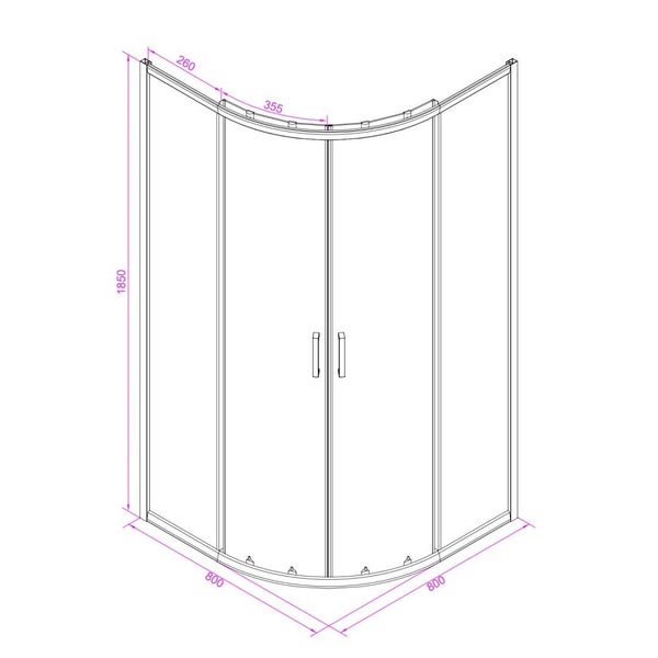 Technische Zeichnung einer Duschkabine mit Abmessungen.
