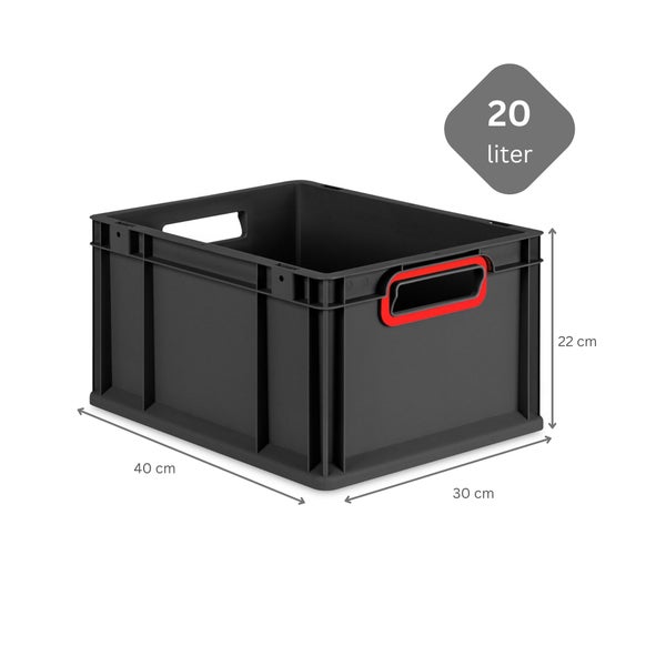 PROREGAL SparSet 10x Eurobox NextGen Color mit Auflagedeckel und Schiebeschnappverschlüsse, HxBxT 22x30x40cm, 20 Liter, Schwarz, Griffe rot offen, Eurobehälter, Transportbox, Transportbehälter, Stapelbehälter