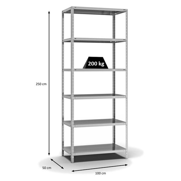 PROREGAL Fachbodenregal Schraubsystem Medium-Duty Grundregal HxBxT 250 x 100 x 50 cm 6 Ebenen Fachlast 200 kg Beidseitig Nutzbar Verzinkt
