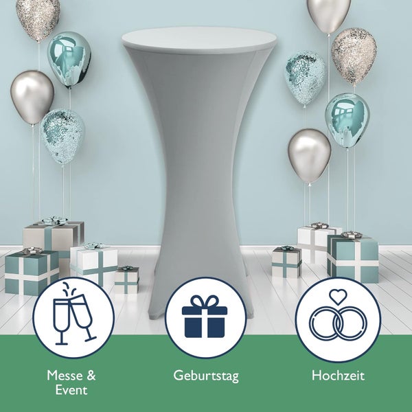 Stehtisch mit Husse, Ballons und Geschenken für Messe, Geburtstag und Hochzeit