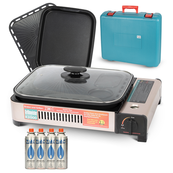ZMC 2-in-1 Gaskocher und Gasgrill + 4 Gaskartuschen 227g, inkl. Grillplatte, Pfanne, Glasdeckel und Koffer, Campingkocher für innen- und Außenbereich, Tischgrill mit Piezo-Zündung