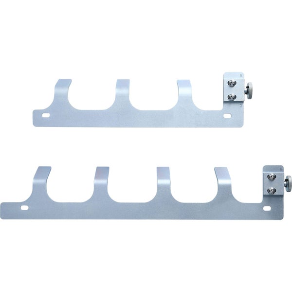 Zwei silberfarbene Schienenhalter mit drei Aussparungen und Feststellschrauben