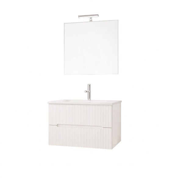 Badezimmermöbel Set mit Waschtischunterschrank mit zwei Schubladen, Waschbecken, Armatur und Spiegel mit Aufsatzleuchte