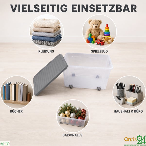 Vielseitig einsetzbare transparente Kunststoff Aufbewahrungsbox mit Deckel und Rollen zur Aufbewahrung von Kleidung, Spielzeug, Büchern und Zubehör.
