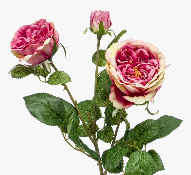 Künstliche Rose mit zwei rosa-cremefarbenen Blüten und einer Knospe an einem grünen Zweig.