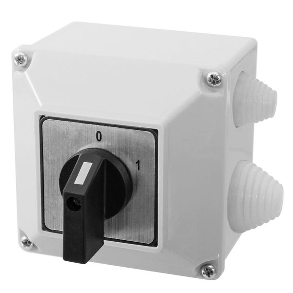 Aufputz-Nockenschalter mit schwarzem Drehknopf, Metallplatte mit Markierungen 0 und 1, weißes Gehäuse mit seitlichen Kabeleinführungen.