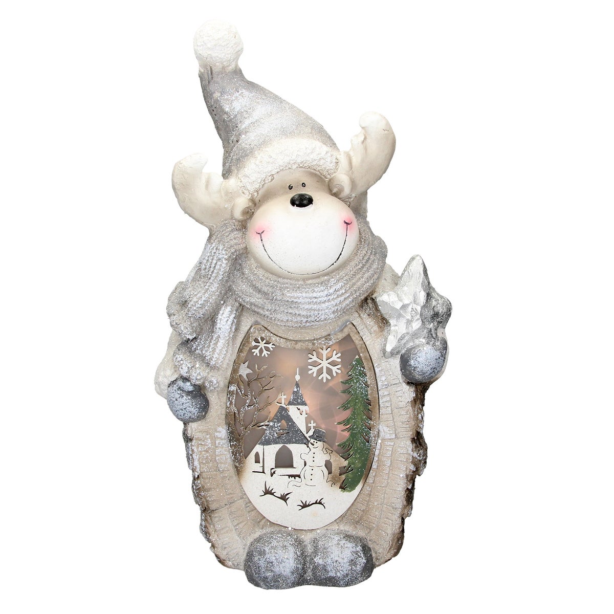 ECD Germany Rentier Figur mit LED Beleuchtung 51 cm Warmweiß Weiß mit grauem Hut und Schal, Holzoptik, Batteriebetrieben, für Innen, LED-Weihnachtsdeko Weihnachtsfigur Weihnachten Tischdeko