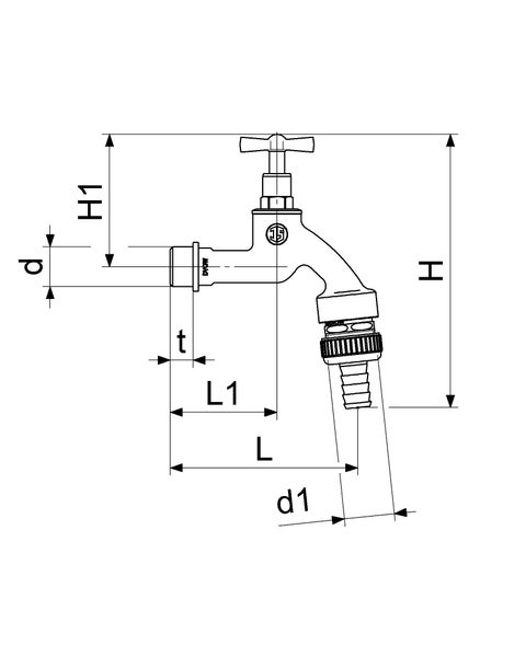 Technische Zeichnung eines Auslaufventils mit Maßangaben für Höhe, Länge und Durchmesser.