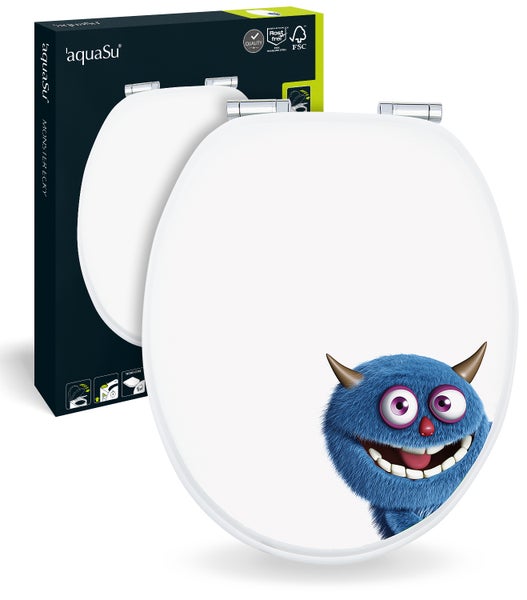 aquaSu® WC-Sitz mit Absenkautomatik, lustiges Dekor Monster Ecky, Toilettensitz mit Holzkern & Fast Fix Schnellbefestigung, universale O Form, Metallscharnieren, Toilettendeckel witzig, 402767