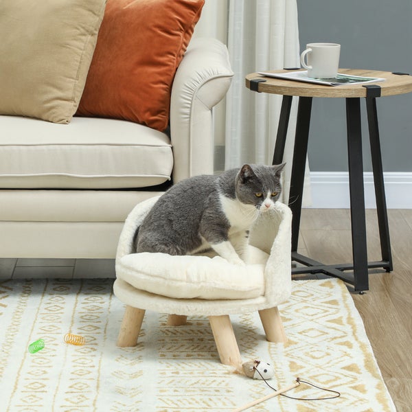 PawHut Katzensofa, Haustiersofa mit Kissen, Katzenbett, katzensessel Katzenhocker erhöhtes Haustierbett mit rutschfesten Holzfüße, Hundesofa, Indoor, Cremeweiß, 40,5 x 40,5 x 33 cm