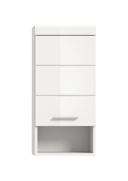 Wandhängender Badezimmerschrank in Weiß glänzend mit drei Fronten, einem silbernen Griff und einem offenen Fach unten.