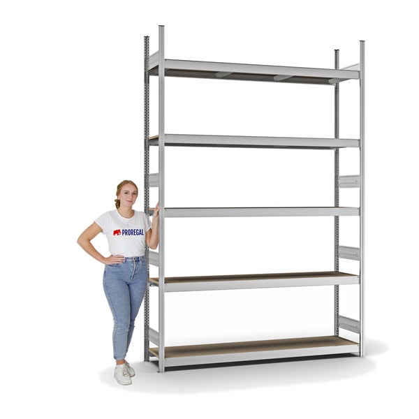 PROREGAL Weitspannregal Stecksystem T-Profil Grundregal HxBxT 300x200x40 cm 5 Ebenen Spanplatten Fachboden Fachlast 350 kg Verzinkt