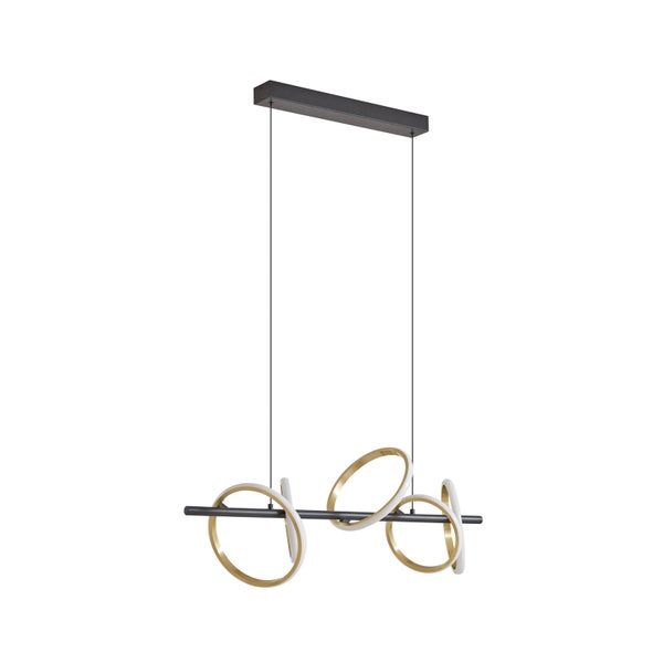 Moderne LED-Hängeleuchte mit schwarzer Querstange und vier dekorativen Ringen in Gold und Weiß.