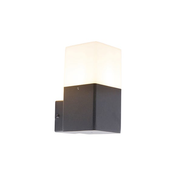 Moderne Wandleuchte für den Außenbereich, rechteckig, schwarzes Gehäuse mit weißem, beleuchtetem Lichtaustritt.