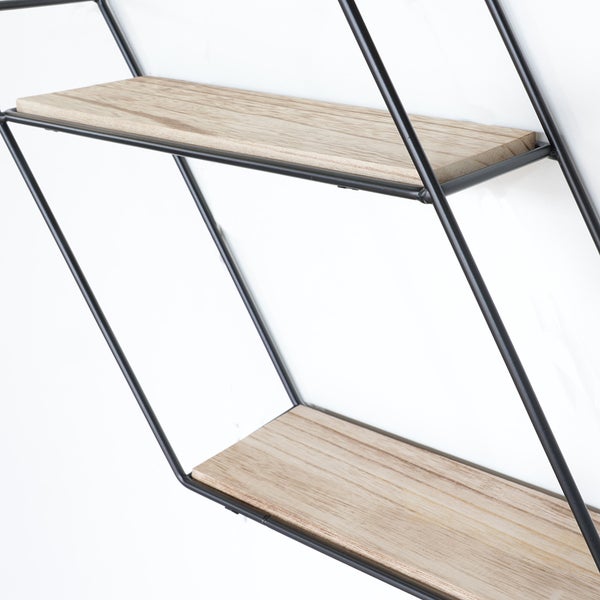 Wandregal aus schwarzem Metall, 3 Holzregale – Sechseck diagonal