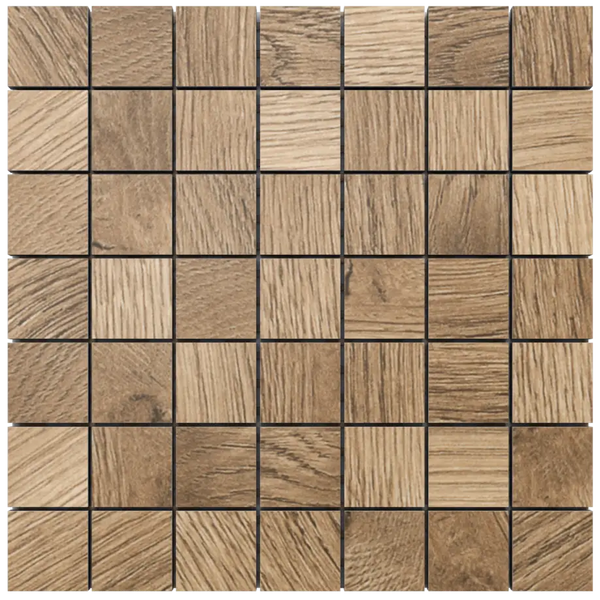 Mosaikfliese in Holzoptik mit quadratischen Steinchen und ausgeprägter Holzmaserung.