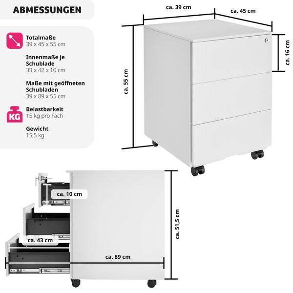 Aktenrollschrank tectake Magna 39 x 45 x 55 cm aus pulverbeschichtetem Stahl weiß