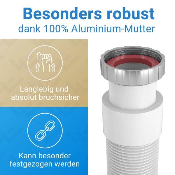 Flexibler Siphon-Anschluss mit robuster 100 Prozent Aluminium-Mutter, langlebig, bruchsicher und fest anziehbar.