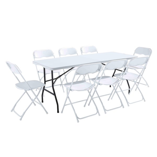 Weißes Set aus Klapptisch und acht Klappstühlen aus Metall und Kunststoff für Garten oder Veranstaltungen.