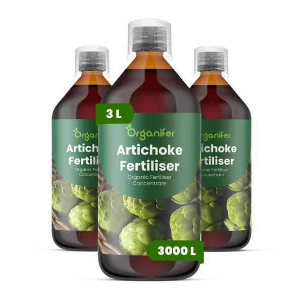 Drei Flaschen Organifer Artischockendünger, organisches Düngerkonzentrat, 3 Liter.