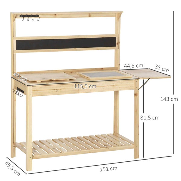 Outsunny Gärtnertisch Pflanztisch mit 8 Haken Ablage Schublade Blumentisch aus Holz für Terrasse Garten 151 x 45,5 x 143 cm Natur