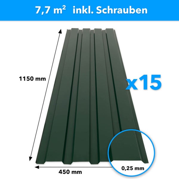 FLOORDIREKT Trapezblech - 115 x 45 cm - Profilblech - Stärke 0.25 mm - 15er-Set - inkl. Schrauben - 7,7 m² - Grün
