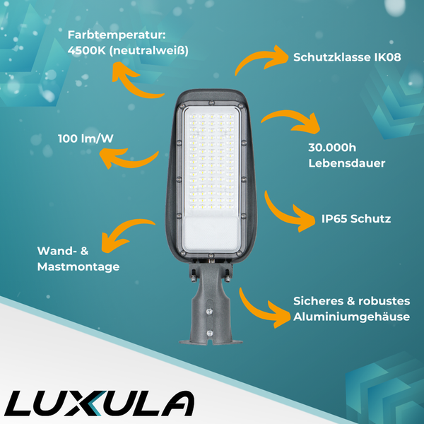 LED-Straßenleuchte mit 4500K Farbtemperatur, Schutzklasse IK08, 100 lm/W, 30.000 Stunden Lebensdauer, IP65 Schutz, Wand- und Mastmontage sowie sicherem und robustem Aluminiumgehäuse