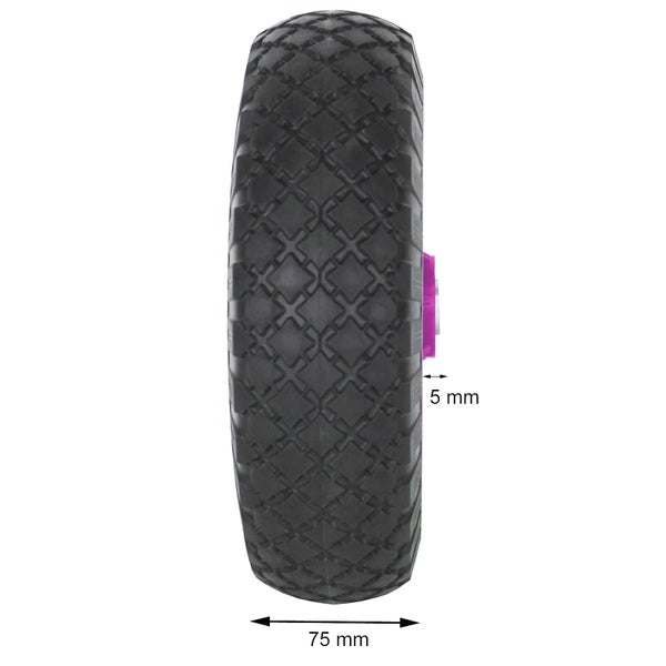 Pannenfreies Rad mit 75 Millimeter Breite und 5 Millimeter Maßangabe für Schubkarren oder Transportwagen.