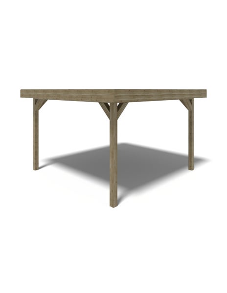 Carport-Grundgerüst aus Holz mit vier Pfosten und Kopfbändern.