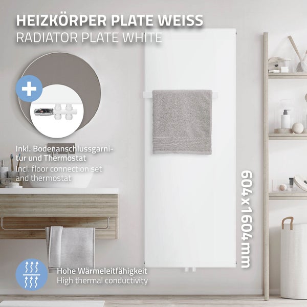 ML-Design Badheizkörper 1600x604mm Weiß Flach + Bodenanschlussgarnitur Durchgangsform Multiblock Thermostat + 1x Handtuchhalter Paneelheizkörper Mittelanschluss Vertikal Planheizkörper Flachheizkörper