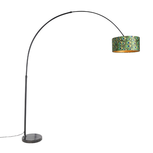 QAZQA - Modern Botanische Bogenlampe schwarzer Samtschirm Pfau Design 50 cm - XXL I Wohnzimmer I Schlafzimmer - Stahl Länglich I Zylinder I Rund - LED geeignet E27