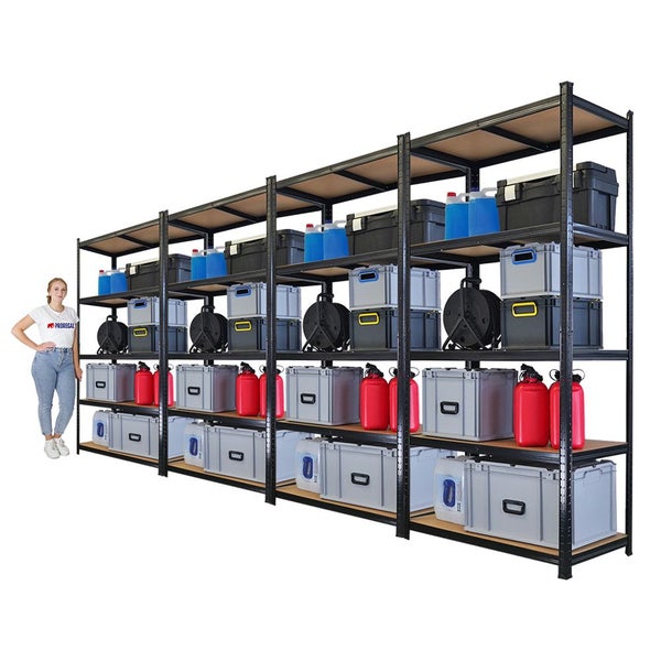 Regalsystem mit verschiedenen Aufbewahrungsboxen und Behältern gefüllt.