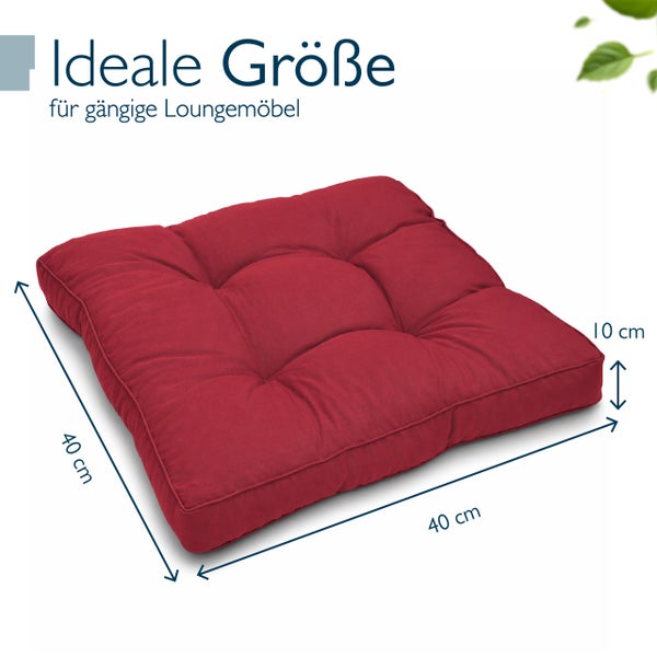 Quadratisches Loungekissen mit Steppung, Maße 40 mal 40 mal 10 Zentimeter, geeignet für Loungemöbel.