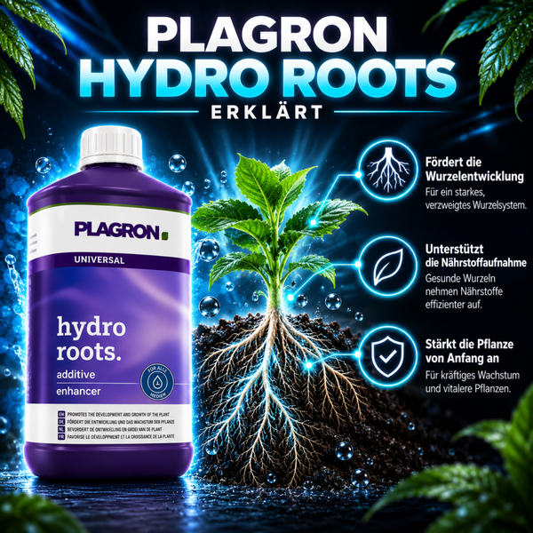 Plagron Hydro Roots Pflanzendünger für Wurzelwachstum und Nährstoffaufnahme in der Flasche mit erklärenden Grafiken und Symbolen.