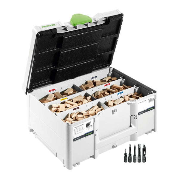Offener Festool Systainer mit Domino Dübeln aus Holz in verschiedenen Größen und einem Set aus fünf passenden Fräsern.
