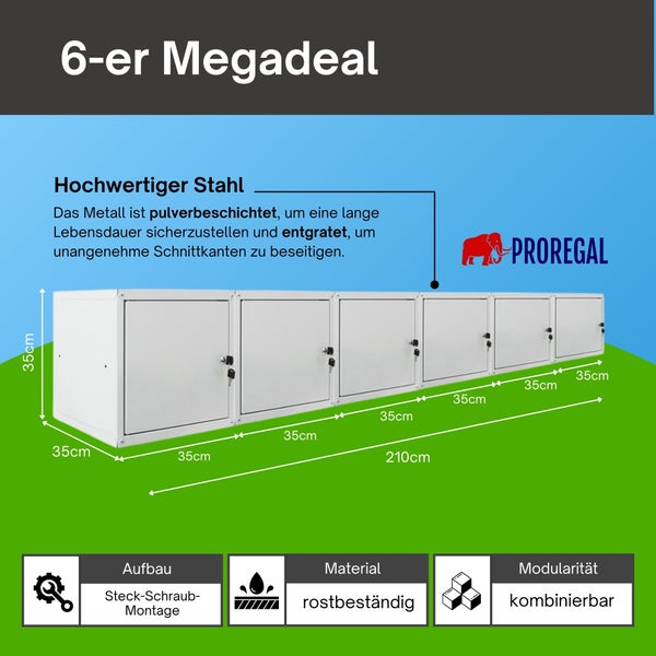 PROREGAL Set aus sechs Metallschränken, pulverbeschichtet, rostbeständig, Maße 35 mal 35 mal 35 Zentimeter, Länge 210 Zentimeter, PROREGAL Logo.