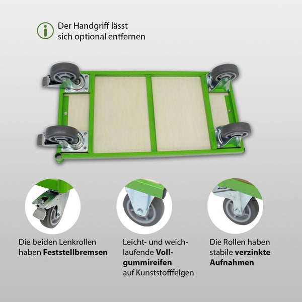 Rollbrett mit vier Lenkrollen, zwei davon mit Feststellbremsen