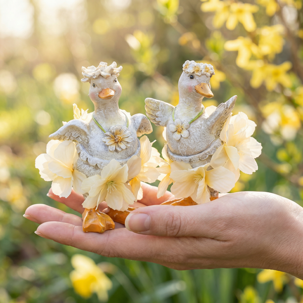 Zwei kleine dekorative Entenfiguren mit Blumenkränzen und Blütenröckchen in einer Hand gehalten.