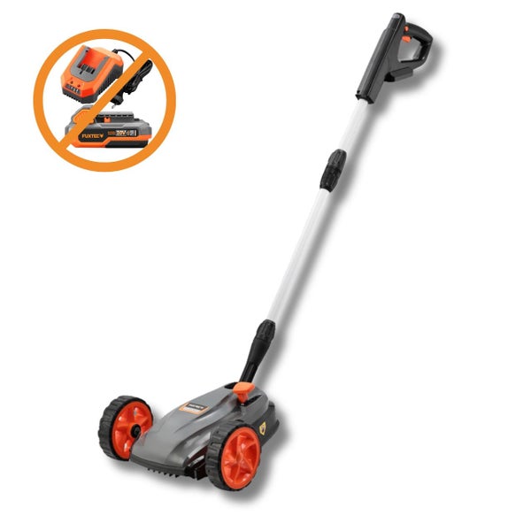 Fuxtec Akku-Rasentrimmer mit Rollen, Akku und Ladegerät nicht im Lieferumfang enthalten.