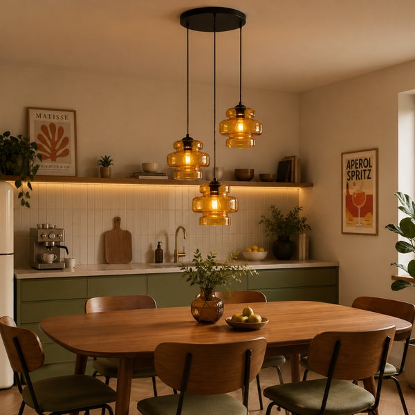Moderne Pendelleuchte mit drei Glaskuppeln über einem Esszimmertisch aus Holz in einer wohnlichen Küche mit grünen Schränken.