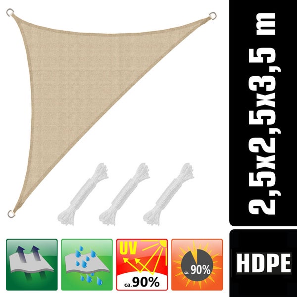 AMANKA UV Sonnensegel 2,5x2,5x3,5 HDPE Dreieck Rechtwinklig Sonnenschutz Plane Balkon Garten Beige