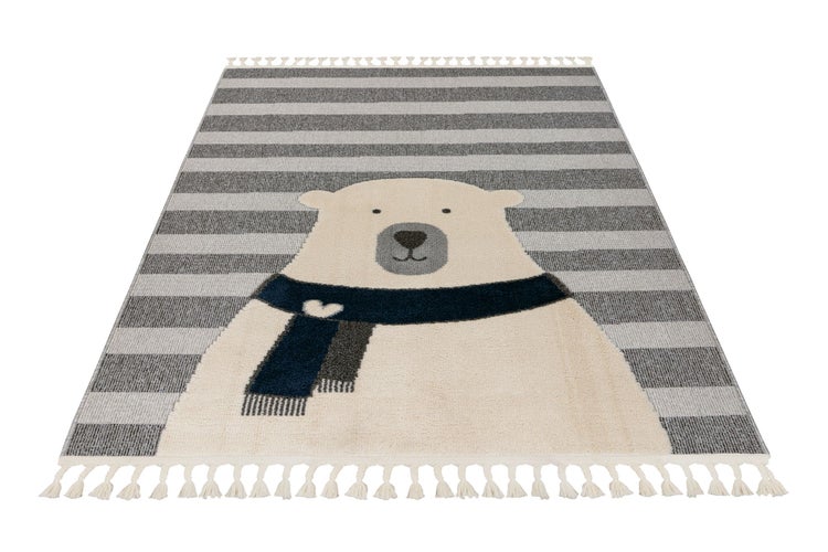 Kinderteppich mit Eisbär Motiv und Streifenmuster sowie Quasten an den kurzen Seiten
