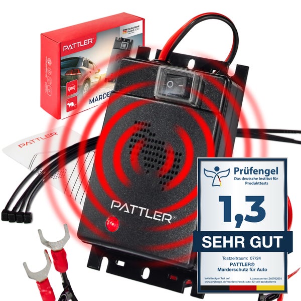 PATTLER® Marderschreck Auto Anschluss an 12V Autobatterie | Effektive Marderabwehr für Auto - mit Ultraschall | Sofortiger & Langfristiger Marderschutz für Auto im Motorraum