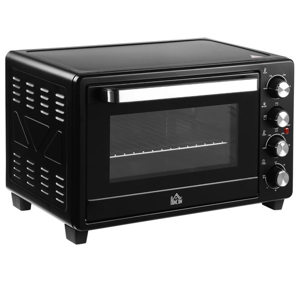 Schwarzer Minibackofen aus Metall mit Glastür, vier Drehreglern und HOMCOM Logo.